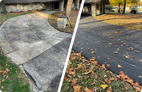 Before and After Driveway Resurfacing with Asphalt Overlay Comparison of before and after driveway resurfacing with asphalt overlay, showing improved surface and autumn leaves