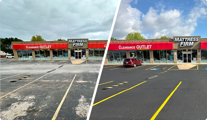 Before and After Parking Lot Resurfacing for Mattress Firm Store Comparison of before and after parking lot resurfacing outside Mattress Firm Clearance Outlet store