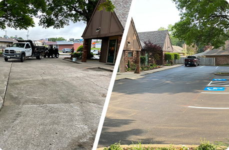 Before and After Commercial Lot Asphalt Resurfacing Comparison of before and after asphalt resurfacing for a commercial lot, showing an improved surface with designated parking spaces