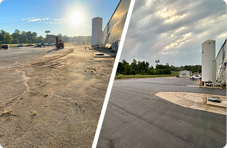 Before and After Commercial Parking Lot Resurfacing Project Comparison of before and after commercial parking lot resurfacing, showing a smooth asphalt surface with surrounding industrial buildings