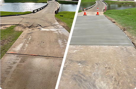 Before and After Concrete Driveway Repair and Resurfacing Comparison of before and after concrete driveway repair and resurfacing, showing cracked concrete replaced by a smooth new surface near a pond