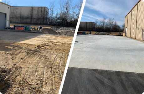 Before and After Concrete Installation for Industrial Yard Comparison of before and after concrete installation for an industrial yard, showing a transformation from dirt and gravel to a smooth concrete surface