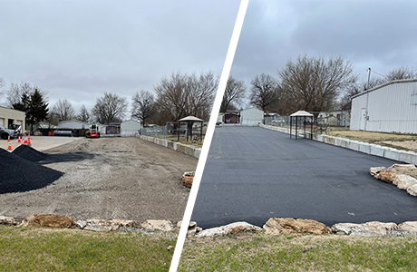 Before and After New Asphalt Installation for Parking Area Comparison of before and after new asphalt installation for a parking area, showing improvement from gravel to smooth asphalt surface